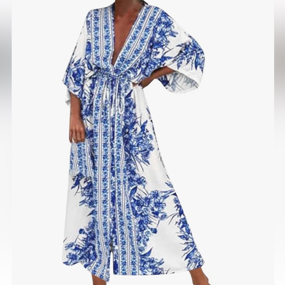Elegant Blue and White Floral Maxi Dress